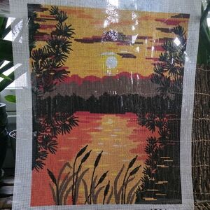 Vintage Needlepoint Canvas Orange and Brown Yellow Sunset